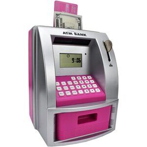Pink Kids Talking ATM Machine - Realistic Savings Bank w/ Debit Card & Timer